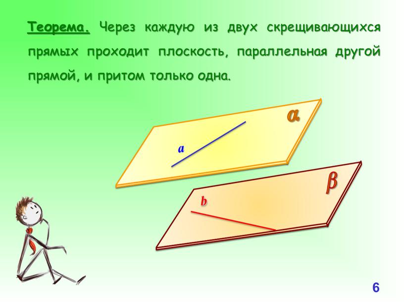 Теорема. Через каждую из двух скрещивающихся прямых проходит плоскость, параллельная другой прямой, и притом только одна