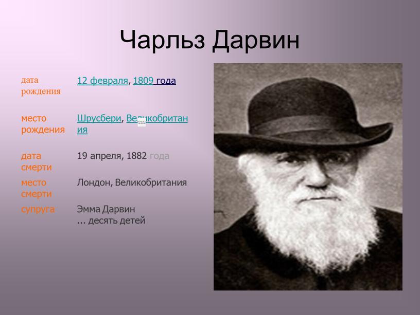 Чарльз Дарвин дата рождения 12 февраля , 1809 года место рождения