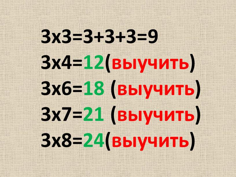 3х3=3+3+3=9 3х4=12(выучить) 3х6=18 (выучить) 3х7=21 (выучить) 3х8=24(выучить)