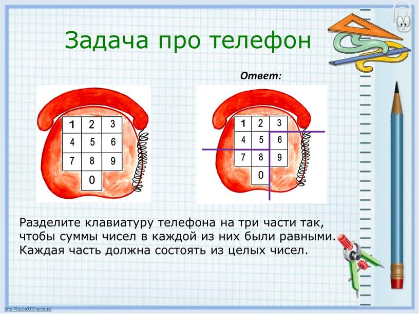 Задача про телефон Разделите клавиатуру телефона на три части так, чтобы суммы чисел в каждой из них были равными