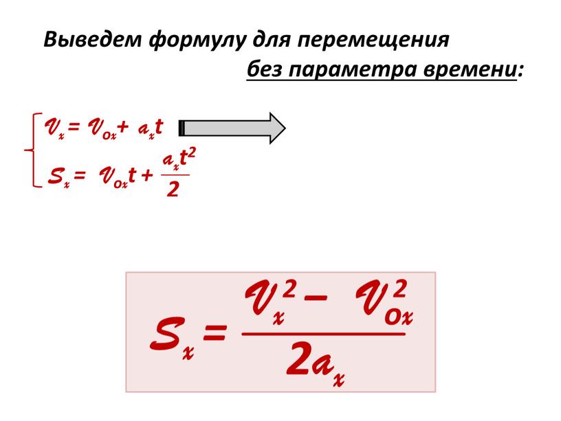 Vx − V о x Выведем формулу для перемещения без параметра времени: