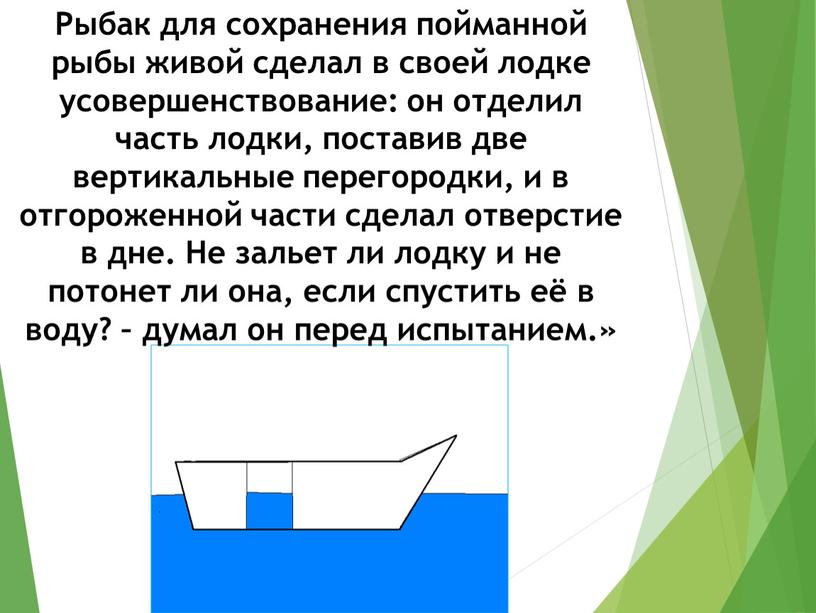 Рыбак для сохранения пойманной рыбы живой сделал в своей лодке усовершенствование: он отделил часть лодки, поставив две вертикальные перегородки, и в отгороженной части сделал отверстие…