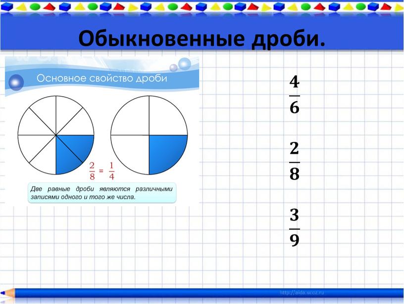 Обыкновенные дроби. 𝟒 𝟔 𝟒𝟒 𝟒 𝟔 𝟔𝟔 𝟒 𝟔 𝟐 𝟖 𝟐𝟐 𝟐 𝟖 𝟖𝟖 𝟐 𝟖 𝟑 𝟗