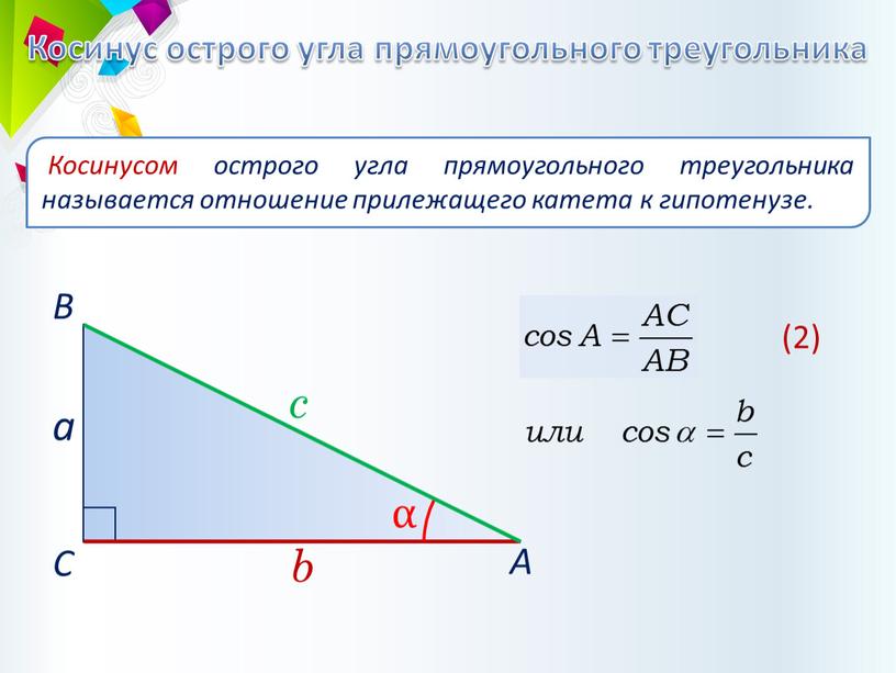 Косинус острого угла прямоугольного треугольника