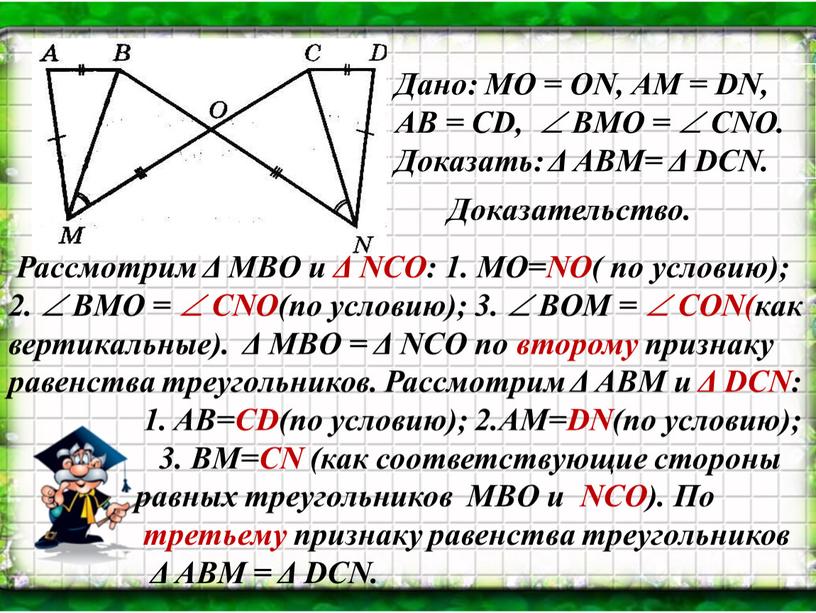 Дано: МО = ОN, АМ = DN, AB = CD, 