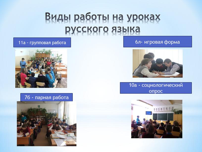 Виды работы на уроках русского языка 11а – групповая работа 6л- игровая форма 7б - парная работа 10а - социологический опрос