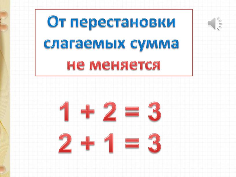 От перестановки слагаемых сумма не меняется 1 + 2 = 3 2 + 1 = 3