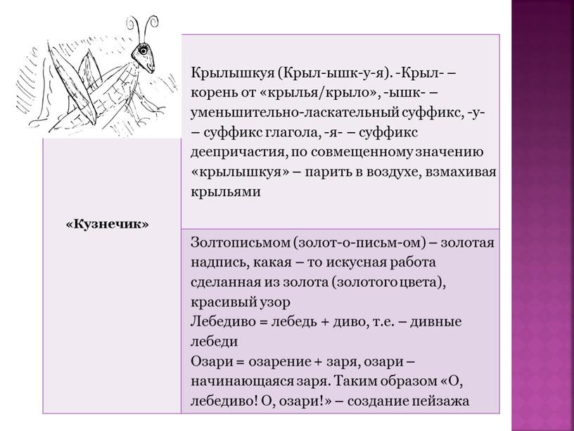 Кузнечик» Крылышкуя (Крыл-ышк-у-я)