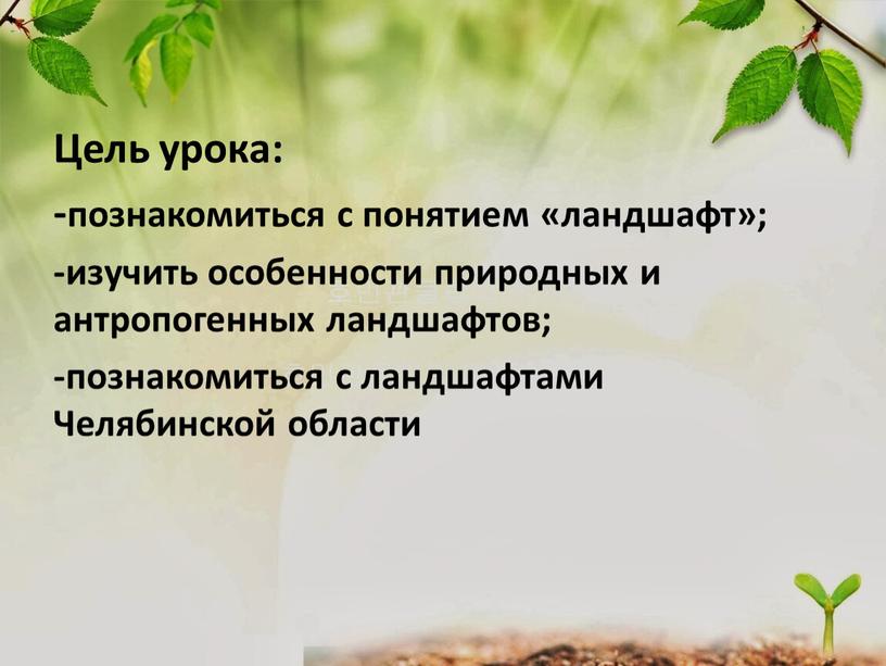 Цель урока: -познакомиться с понятием «ландшафт»; -изучить особенности природных и антропогенных ландшафтов; -познакомиться с ландшафтами