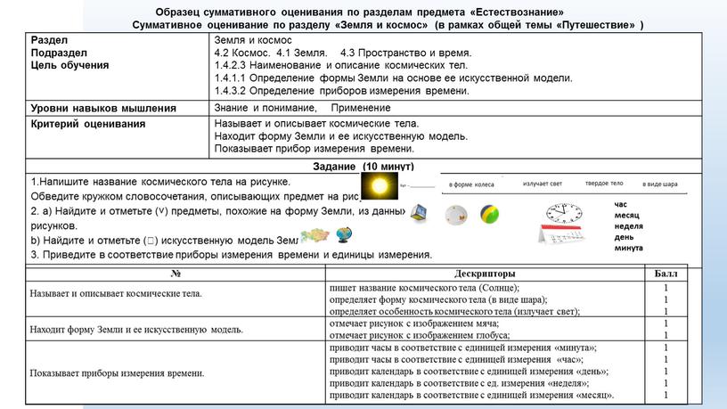 Образец суммативного оценивания по разделам предмета «Естествознание»