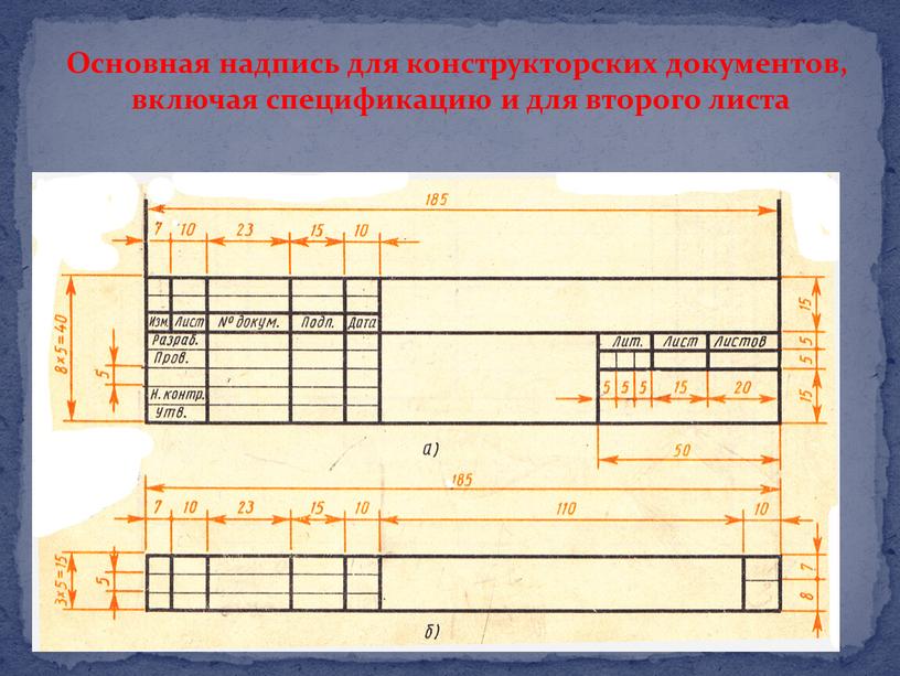 Основная надпись для конструкторских документов, включая спецификацию и для второго листа