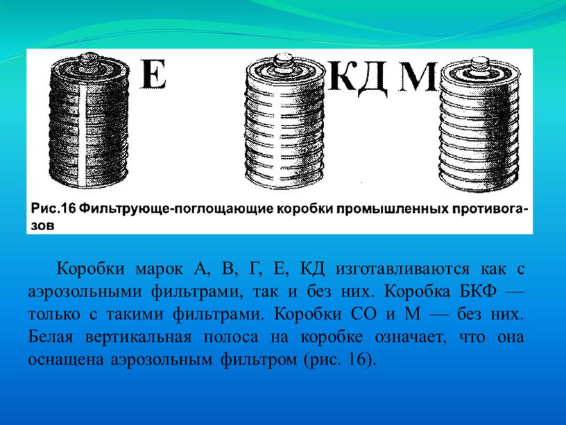 Коробки марок А, В, Г, Е, КД изготавливаются как с аэрозольными фильтрами, так и без них