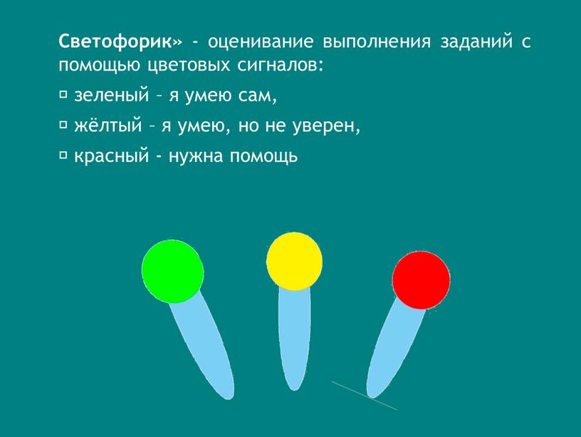 Светофорик» - оценивание выполнения заданий с помощью цветовых сигналов:  зеленый – я умею сам,  жёлтый – я умею, но не уверен,  красный…
