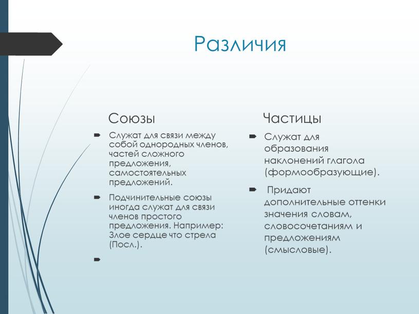 Различия Союзы Служат для связи между собой однородных членов, частей сложного предложения, самостоятельных предложений