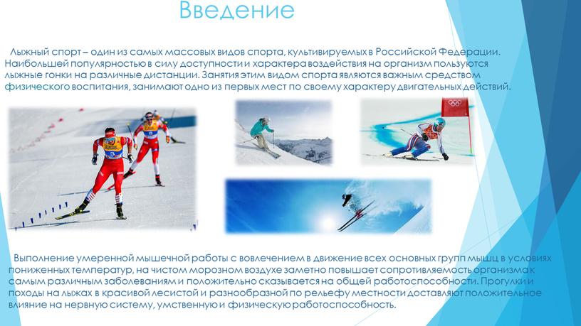 Введение Лыжный спорт – один из самых массовых видов спорта, культивируемых в