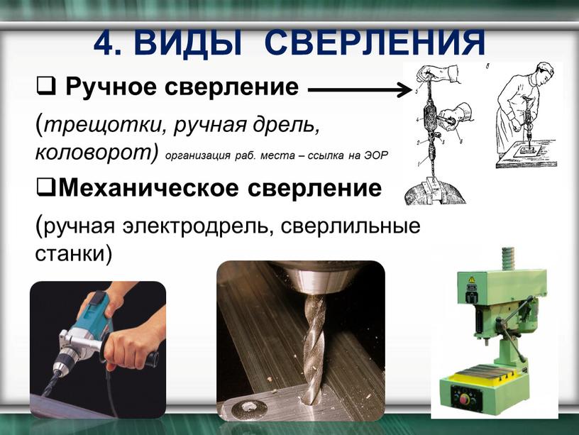 ВИДЫ СВЕРЛЕНИЯ Ручное сверление ( трещотки, ручная дрель, коловорот) организация раб