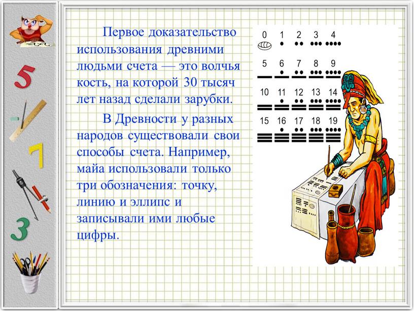 Первое доказательство использования древними людьми счета — это волчья кость, на которой 30 тысяч лет назад сделали зарубки