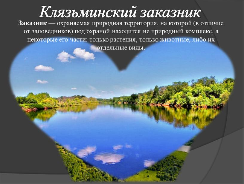 Клязьминский заказник Заказник — охраняемая природная территория, на которой (в отличие от заповедников) под охраной находится не природный комплекс, а некоторые его части: только растения,…