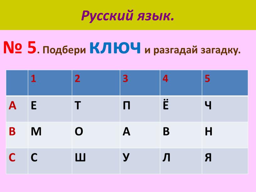 Русский язык. № 5. Подбери ключ и разгадай загадку