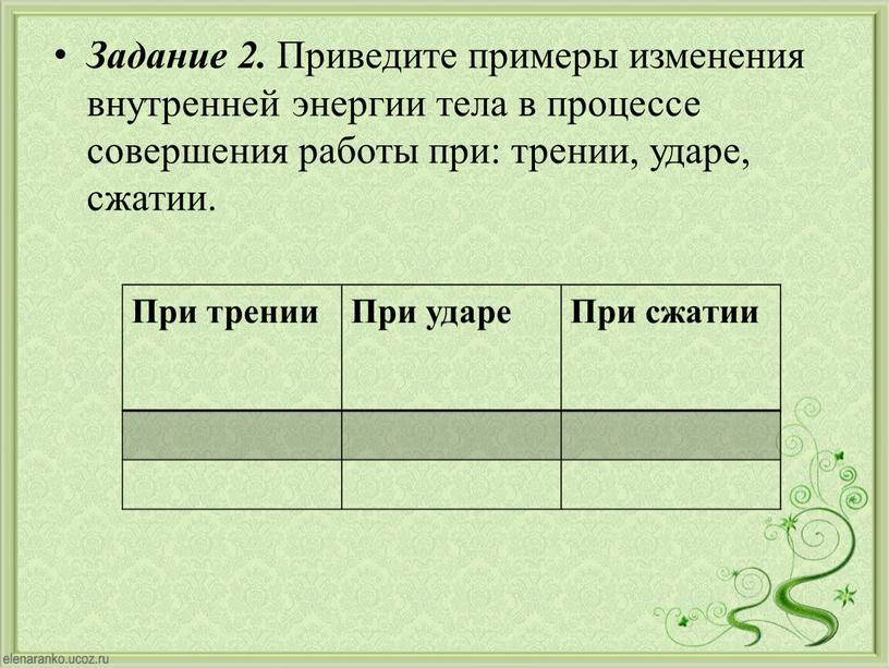 Задание 2. Приведите примеры изменения внутренней энергии тела в процессе совершения работы при: трении, ударе, сжатии