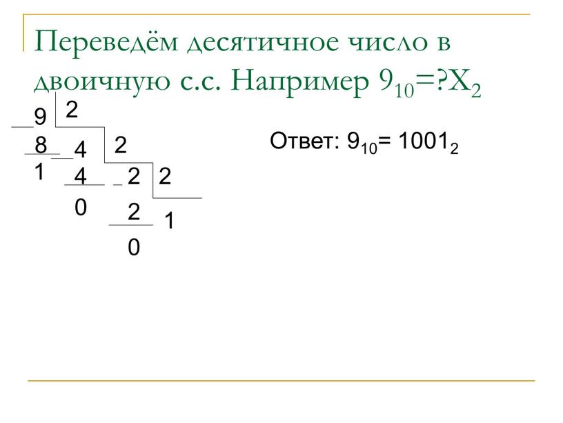 Переведём десятичное число в двоичную с