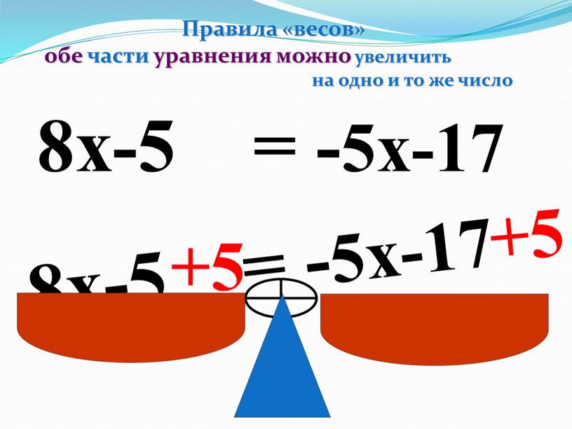 Правила «весов» обе части уравнения можно увеличить на одно и то же число