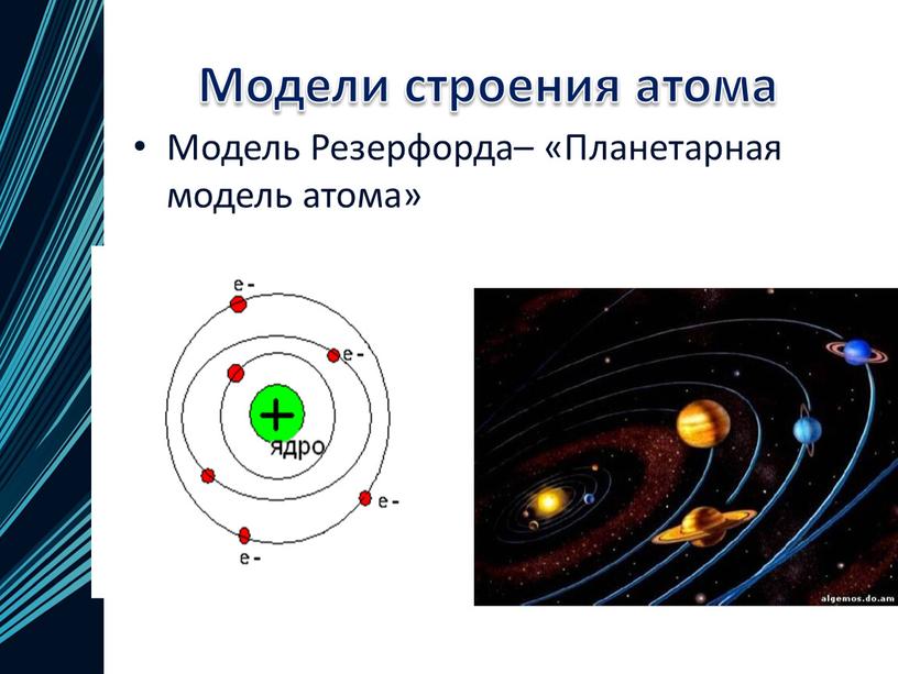 Модели строения атома Модель Резерфорда– «Планетарная модель атома»