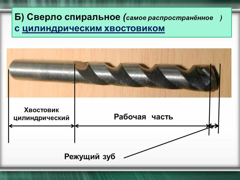 Б) Сверло спиральное (самое распространённое ) с цилиндрическим хвостовиком