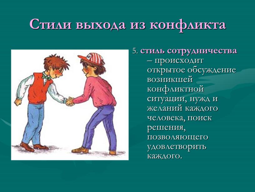 Стили выхода из конфликта 5. стиль сотрудничества – происходит открытое обсуждение возникшей конфликтной ситуации, нужд и желаний каждого человека, поиск решения, позволяющего удовлетворить каждого