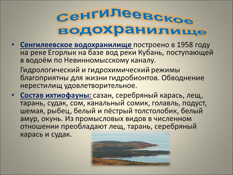 Сенгилеевское водохранилище построено в 1958 году на реке