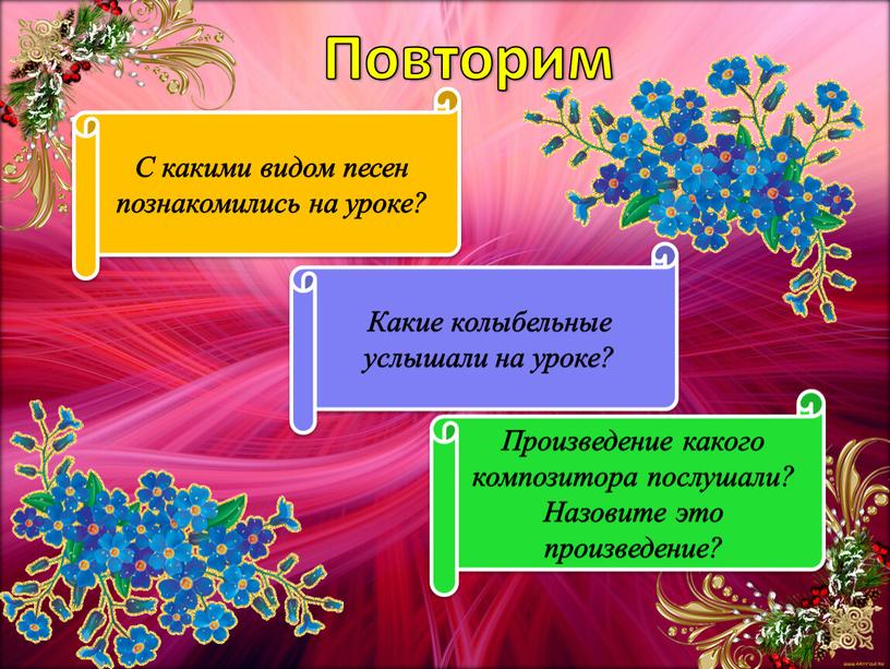 Повторим С какими видом песен познакомились на уроке?