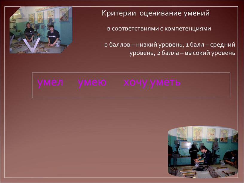 Критерии оценивание умений в соответствиями с компетенциями 0 баллов – низкий уровень, 1 балл – средний уровень, 2 балла – высокий уровень умел умею хочу…