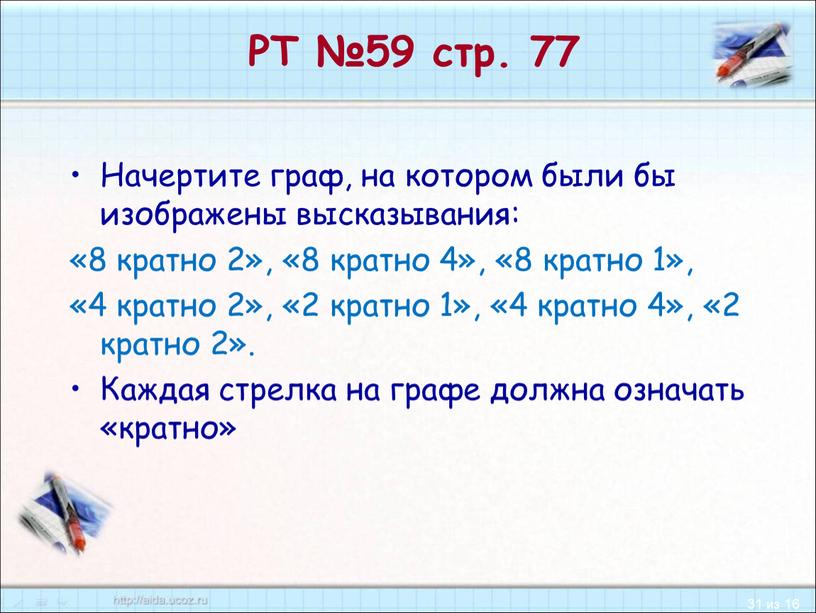 РТ №59 стр. 77 Начертите граф, на котором были бы изображены высказывания: «8 кратно 2», «8 кратно 4», «8 кратно 1», «4 кратно 2», «2…