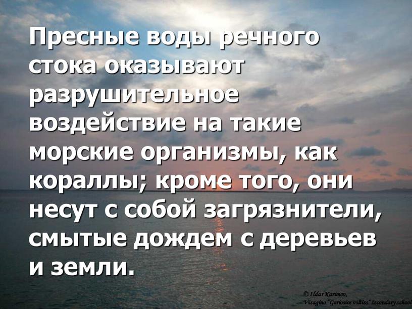 Пресные воды речного стока оказывают разрушительное воздействие на такие морские организмы, как кораллы; кроме того, они несут с собой загрязнители, смытые дождем с деревьев и…