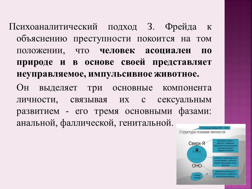 Психоаналитический подход З. Фрейда к объяснению преступности покоится на том положении, что человек асоциален по природе и в основе своей представляет неуправляемое, импульсивное животное