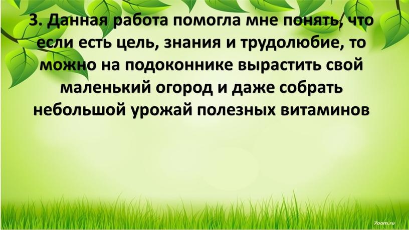 Данная работа помогла мне понять, что если есть цель, знания и трудолюбие, то можно на подоконнике вырастить свой маленький огород и даже собрать небольшой урожай…