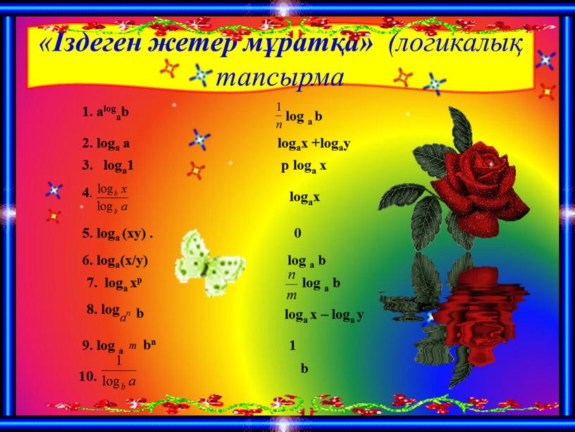 « Іздеген жетер мұратқа» (логикалық тапсырма 1. alogab log a b 2. loga a logax +logay loga1 p loga x 4. logax 5. loga (xy)…