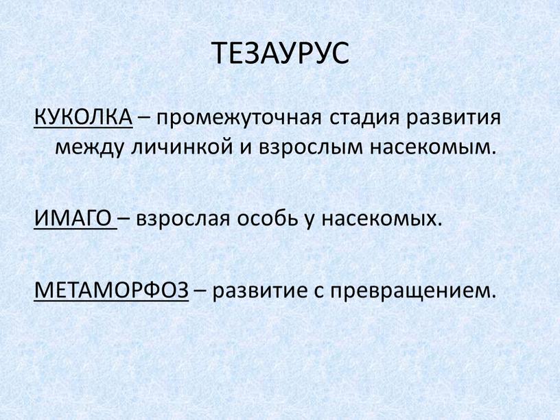 ТЕЗАУРУС КУКОЛКА – промежуточная стадия развития между личинкой и взрослым насекомым