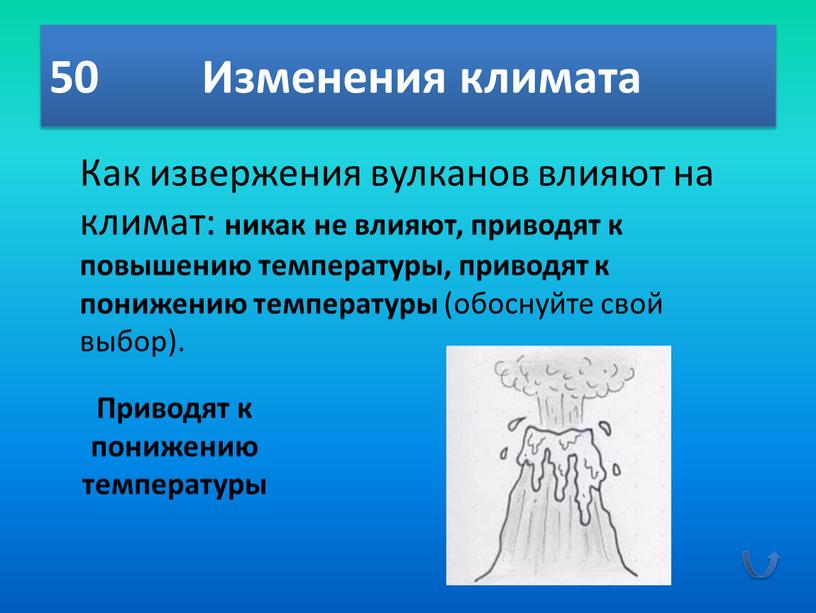 Изменения климата Как извержения вулканов влияют на климат: никак не влияют, приводят к повышению температуры, приводят к понижению температуры (обоснуйте свой выбор)