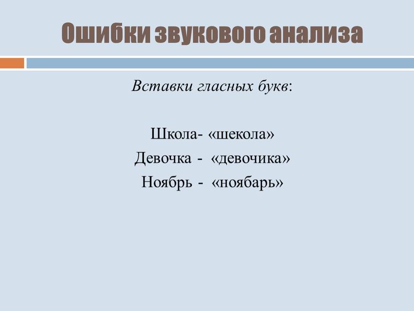 Ошибки звукового анализа Вставки гласных букв :