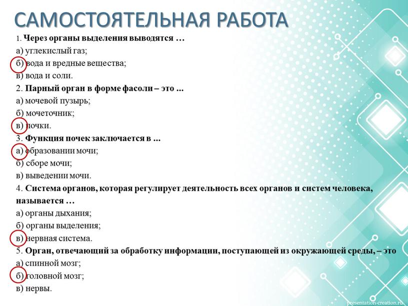 САМОСТОЯТЕЛЬНАЯ РАБОТА 1. Через органы выделения выводятся … а) углекислый газ; б) вода и вредные вещества; в) вода и соли