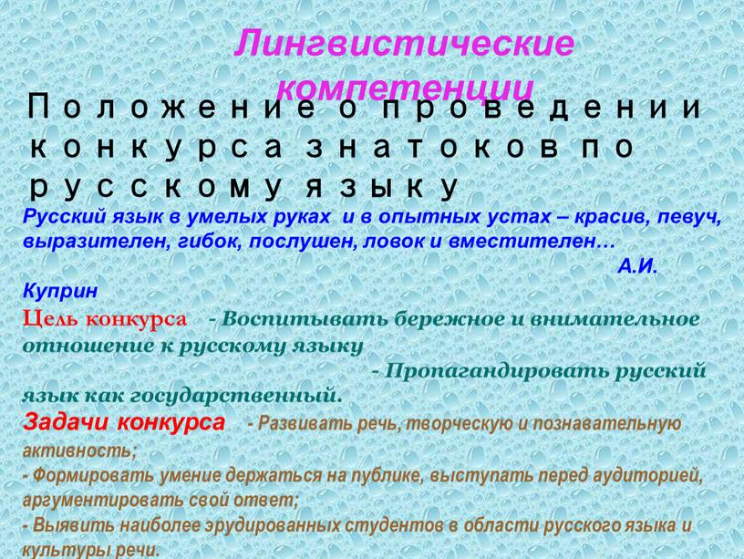 Лингвистические компетенции Положение о проведении конкурса знатоков по русскому языку