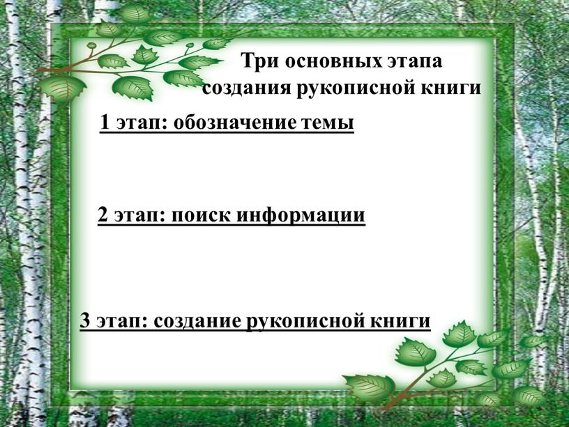 Три основных этапа создания рукописной книги 1 этап: обозначение темы 2 этап: поиск информации 3 этап: создание рукописной книги