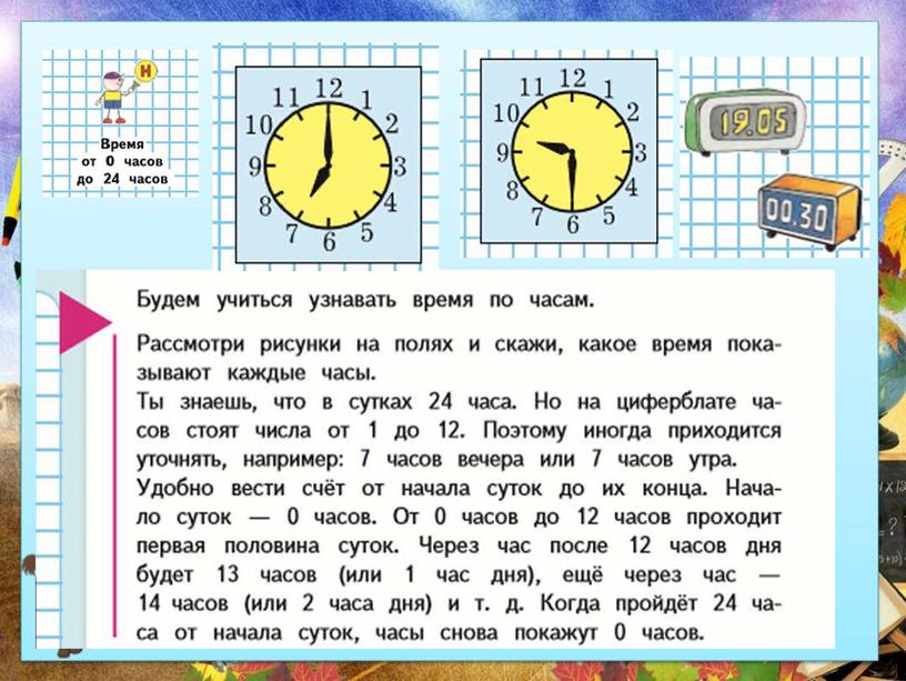 Урок математики в 4 классе по теме Единицы времени. 24 часовое исчисление суток