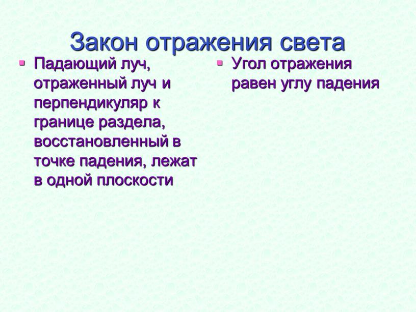 Закон отражения света Падающий луч, отраженный луч и перпендикуляр к границе раздела, восстановленный в точке падения, лежат в одной плоскости