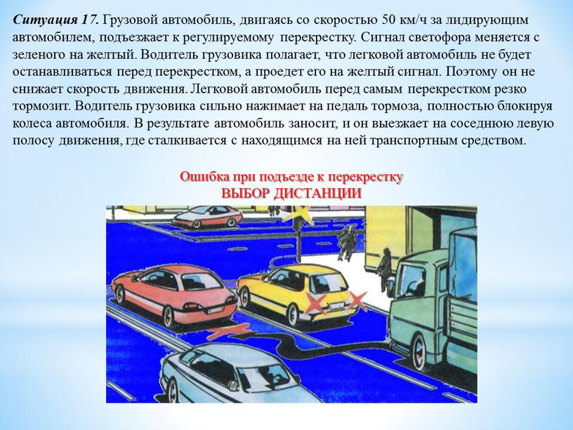 Ситуация 17. Грузовой автомобиль, двигаясь со скоростью 50 км/ч за лидирующим автомобилем, подъезжает к регулируемому перекрестку