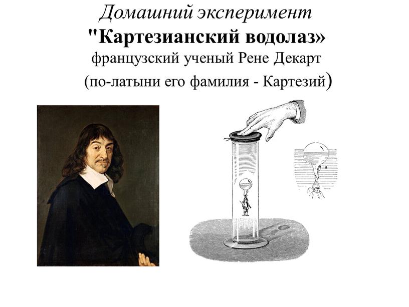 Домашний эксперимент "Картезианский водолаз» французский ученый