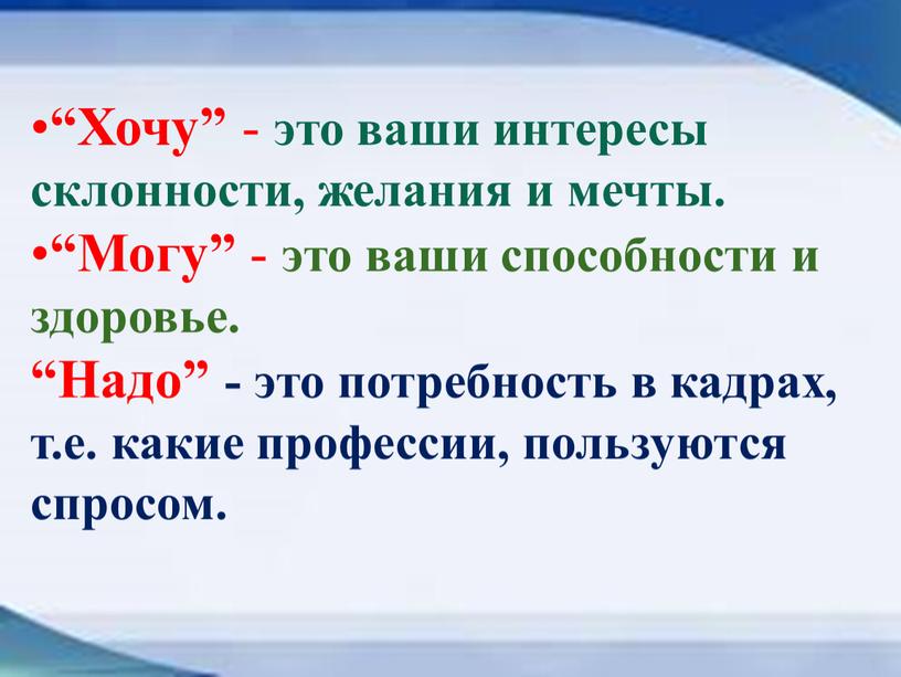 Хочу” - это ваши интересы склонности, желания и мечты