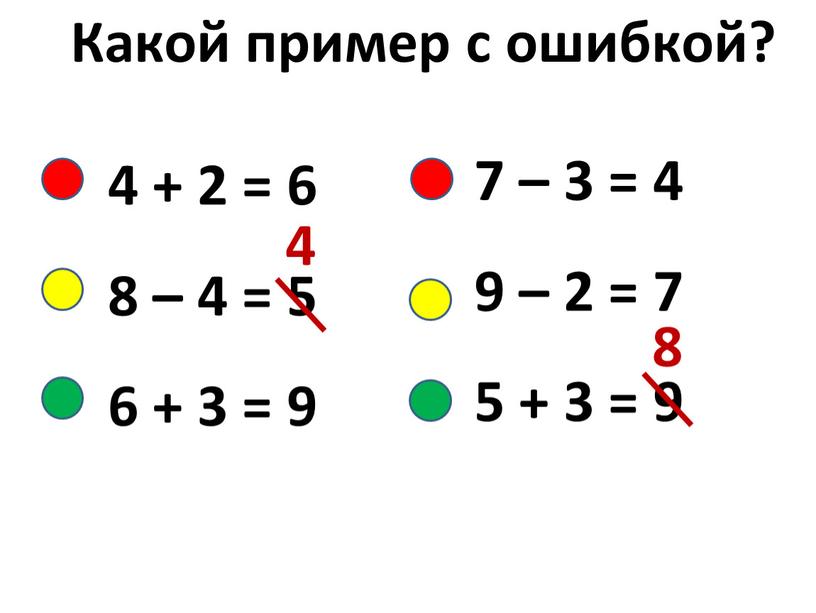 Какой пример с ошибкой? 4 + 2 = 6 8 – 4 = 5 6 + 3 = 9 4 8