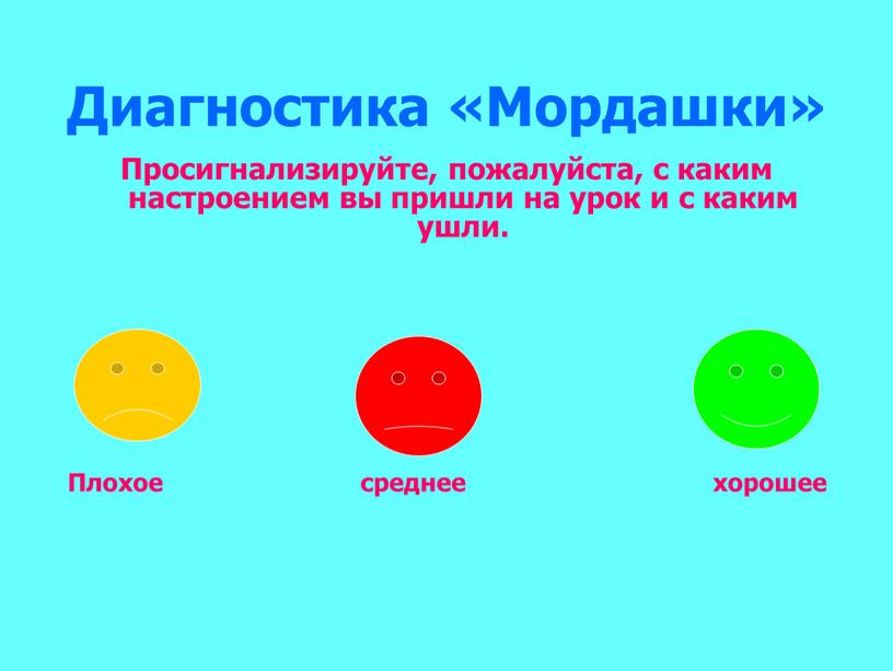 Диагностика «Мордашки» Просигнализируйте, пожалуйста, с каким настроением вы пришли на урок и с каким ушли